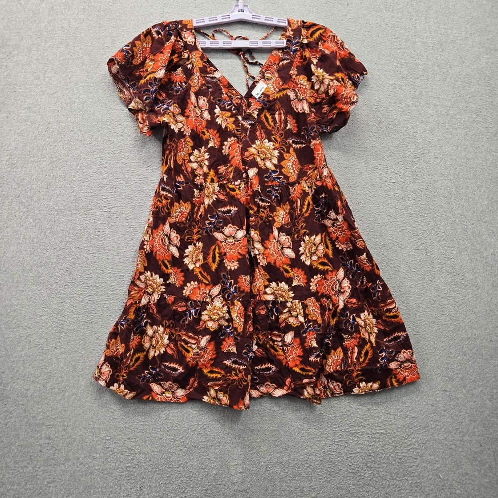 Old Navy Women Dress L Brown Floral Fit & Flare Sundress Boho Short Sleeve